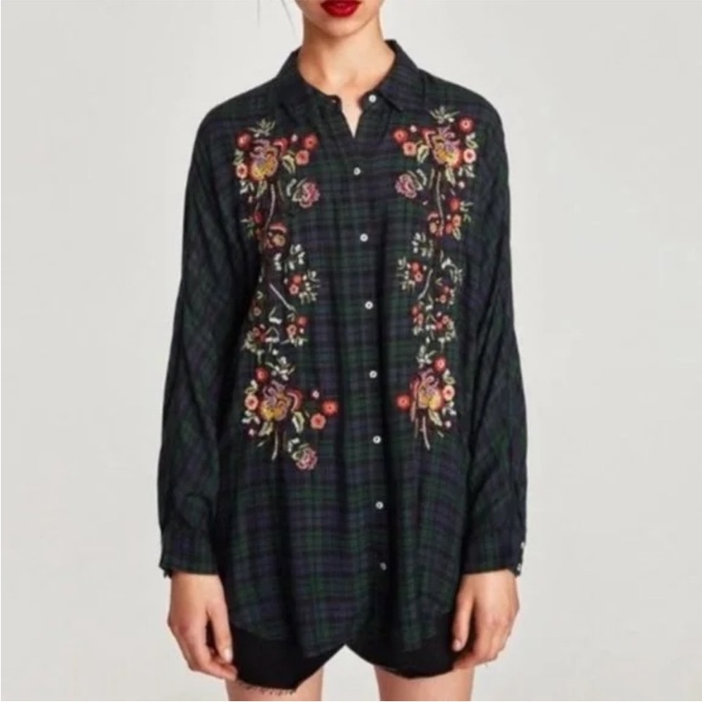 Zara Emroidered Plaid Button Down